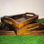Set of 3 Wooden Serving Tray groves style | kitchen utensils online pakistan | kitchen accessories in lahore