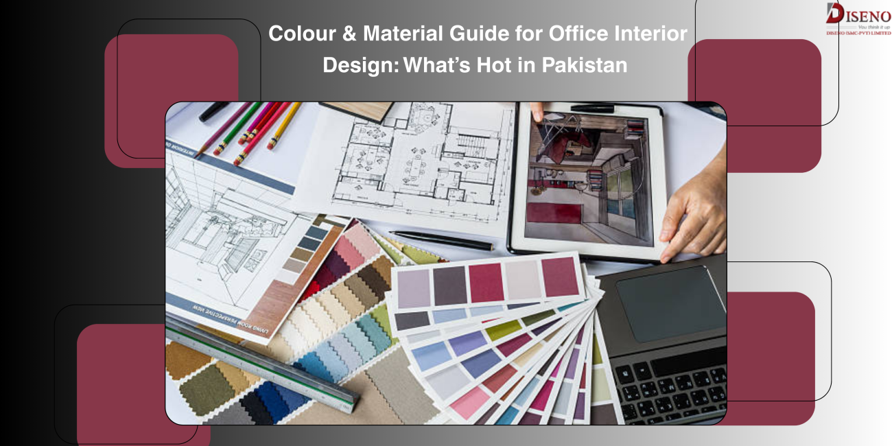 “Trendy office interior design with neutral colours and wood accents in Pakistan.